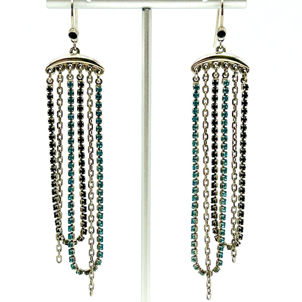 ✨ Swarovski Blue Crystal Silver Tone Multi-Chain Dangle Earrings – Swan Logo ✨